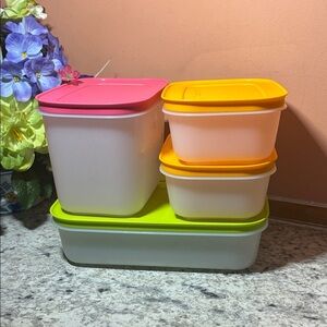Tupperware Set with Pink, Orange, and Green Lids